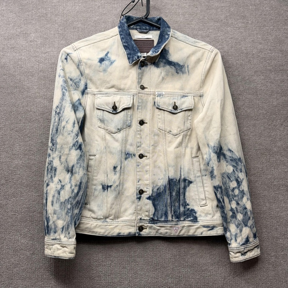 Guess Dillon Mens XL Denim Trucker Jacket Bleached Acid Wash‎ Blue M0YXN1R2IB7